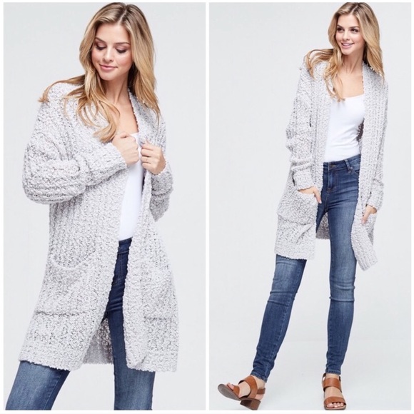 Soft Gray Knit Long Popcorn Cardigan w/ Pockets - Picture 2 of 3
